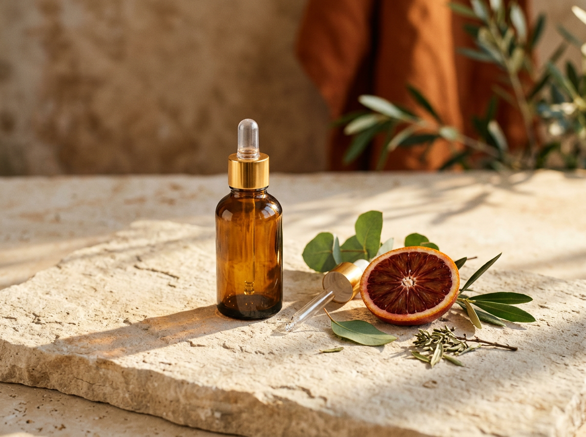 Amber skincare bottle in a warm, sunlit still life