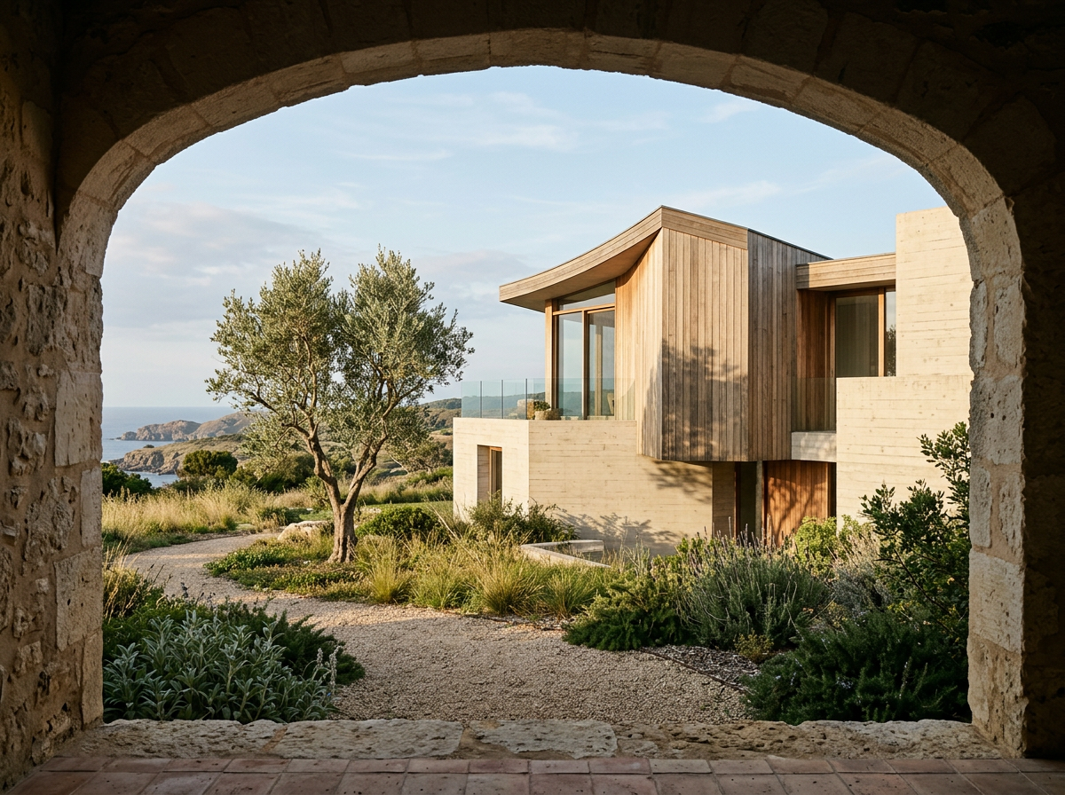 Minimal timber and concrete home in soft afternoon light