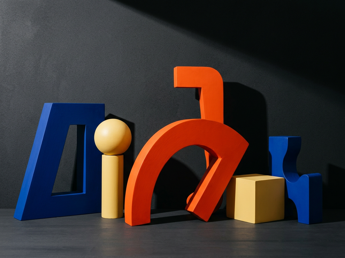 Sculptural blue and orange forms casting long studio shadows